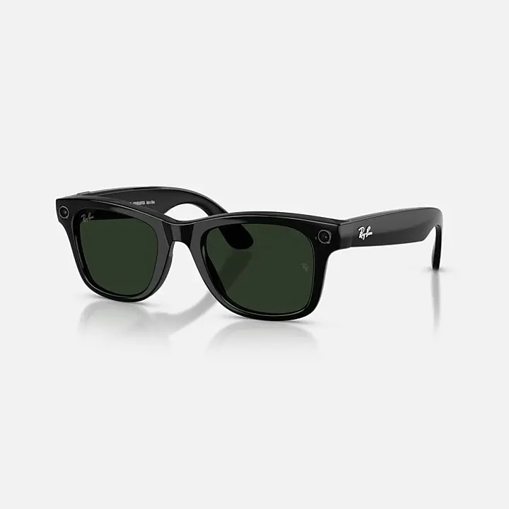 Black Ray-Ban Meta (Gen 2) Wayfarer smart glasses with green lenses.