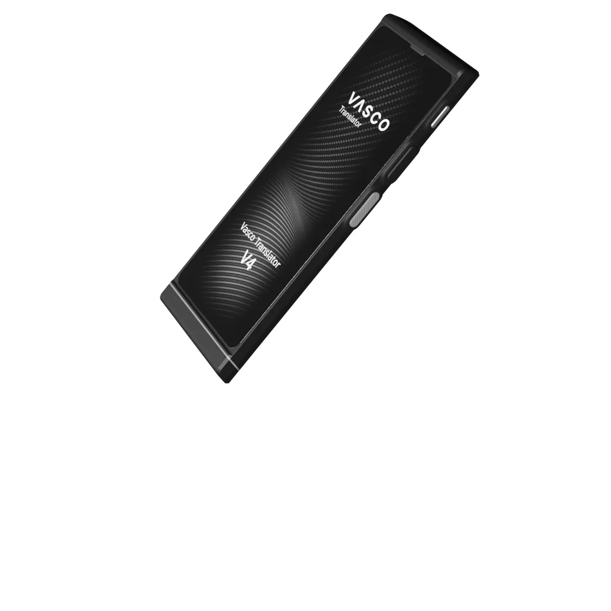 Black Vasco Translator V4 handheld translator shown at an angle on a pale background.