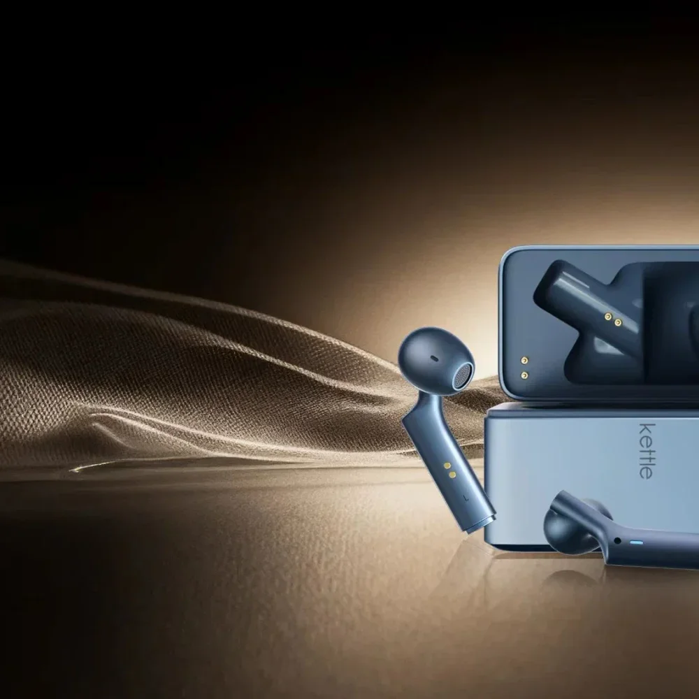 Timekettle W4 earbuds and charging case on a textured brown background.